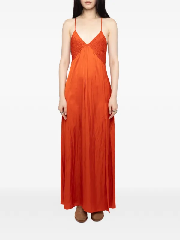 orange strappy maxi dress TAARA Silk Print Spaghetti Strap Maxi Dress in Awesomee Orange