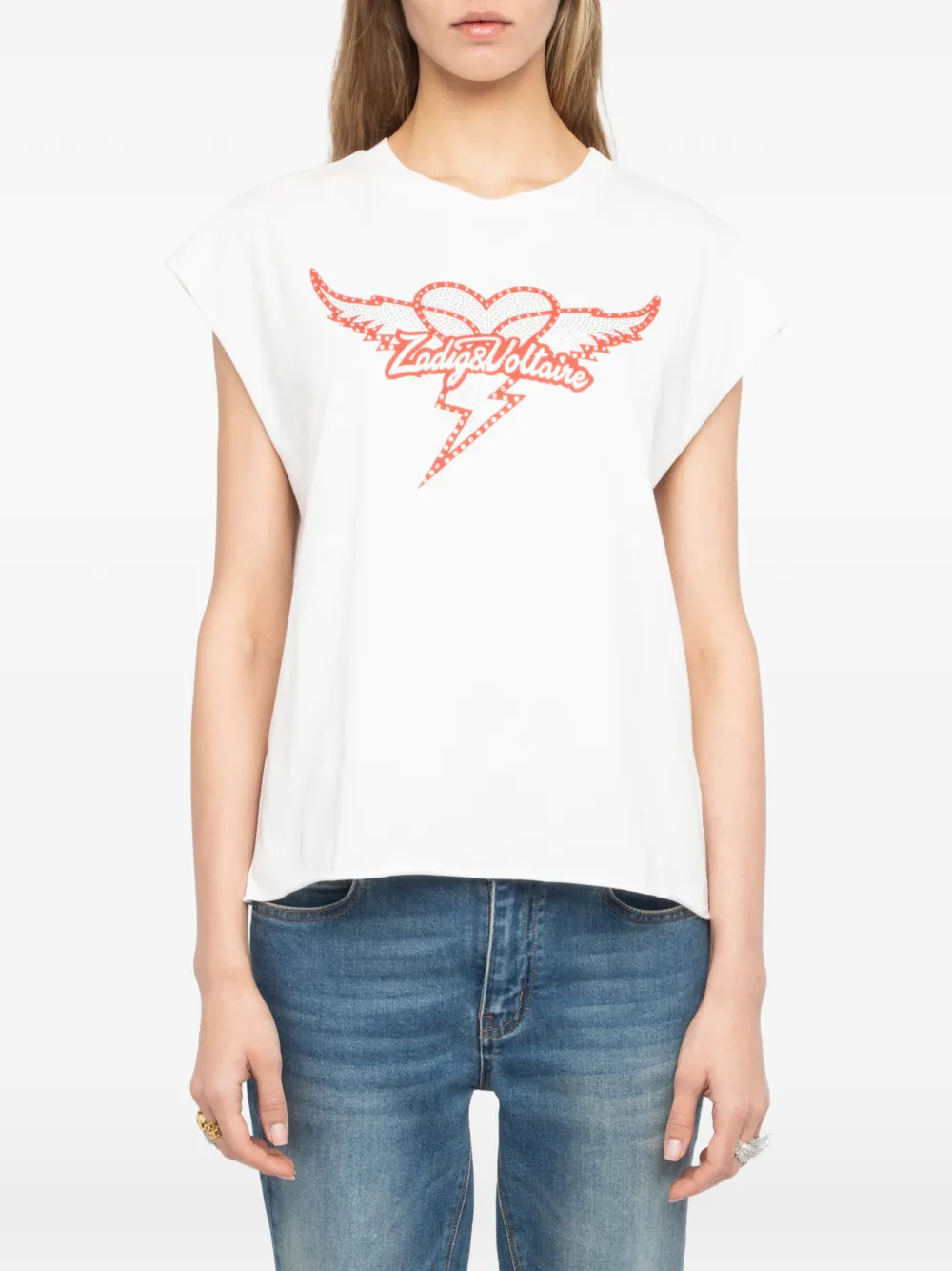Zadig & Voltaire Cloe Heart Wings Strass Crystal Embellished Cotton Graphic T-shirt In White