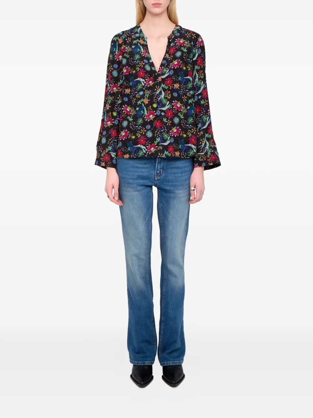 Zadig & Voltaire Torny V-neck Floral Blouse In Green