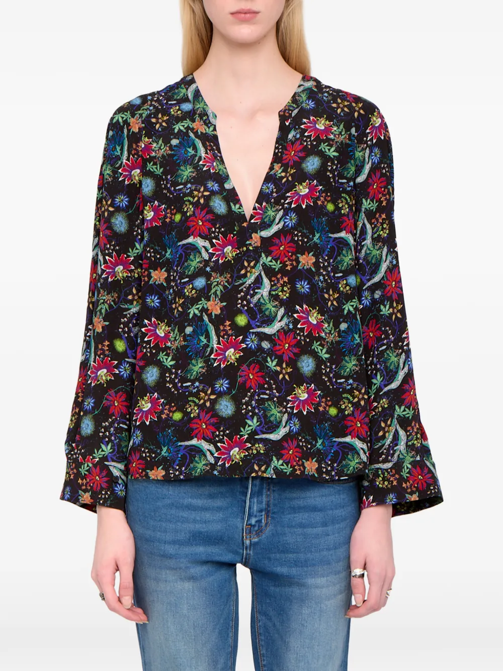 Zadig & Voltaire Torny V-neck Floral Blouse In Green