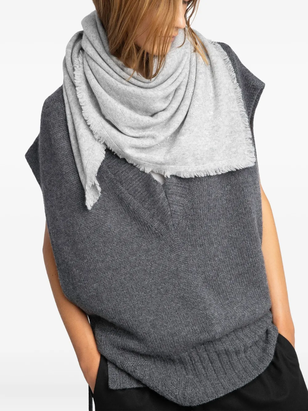 Zadig & Voltaire Stevie Strass Fringed Scarf In Gray