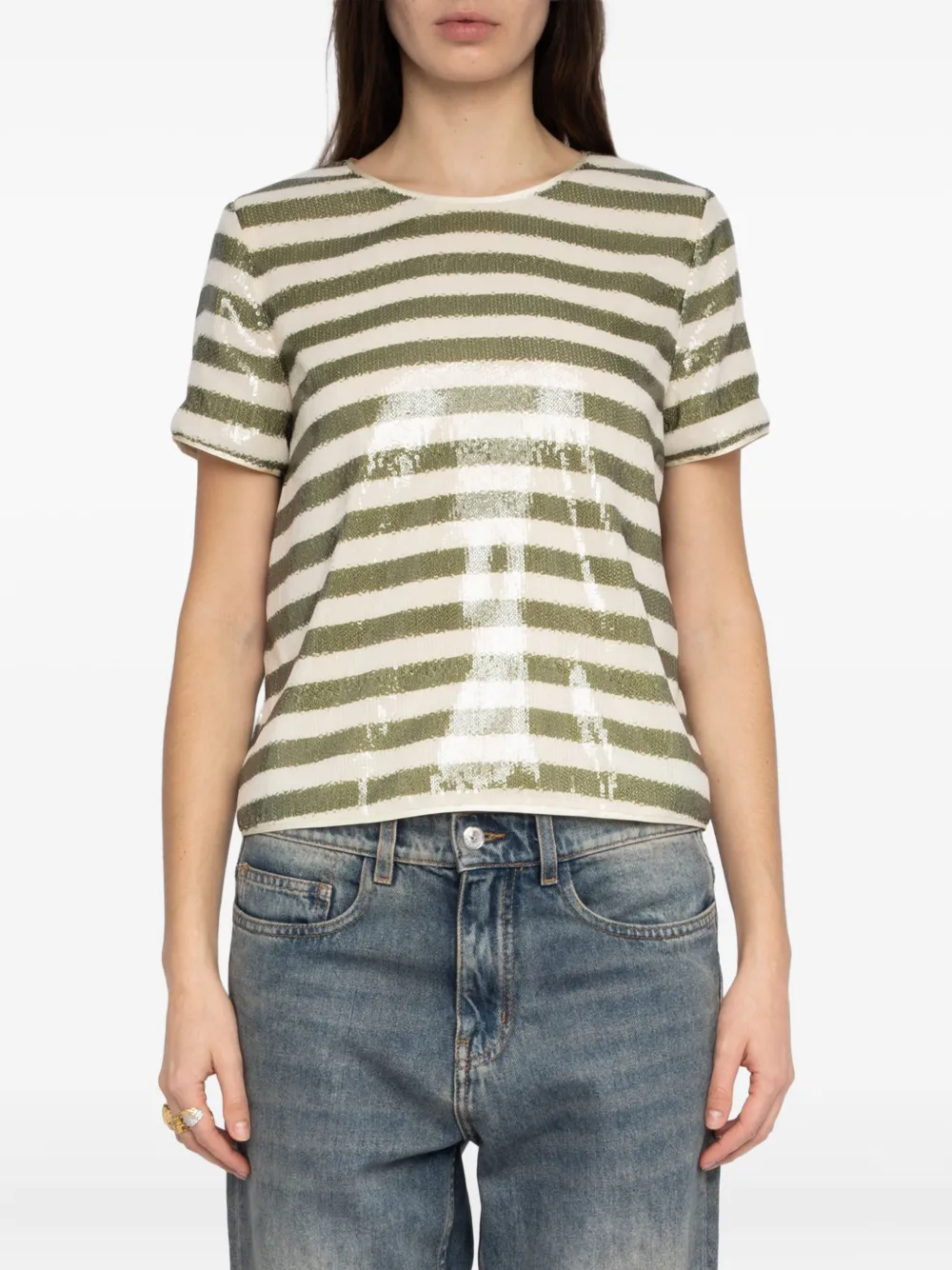 Zadig&Voltaire Tchao T-shirt met pailletten en streep Groen