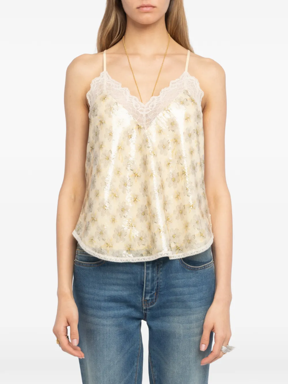 Zadig&Voltaire Christy top verfraaid met pailletten en bloemenprint Beige