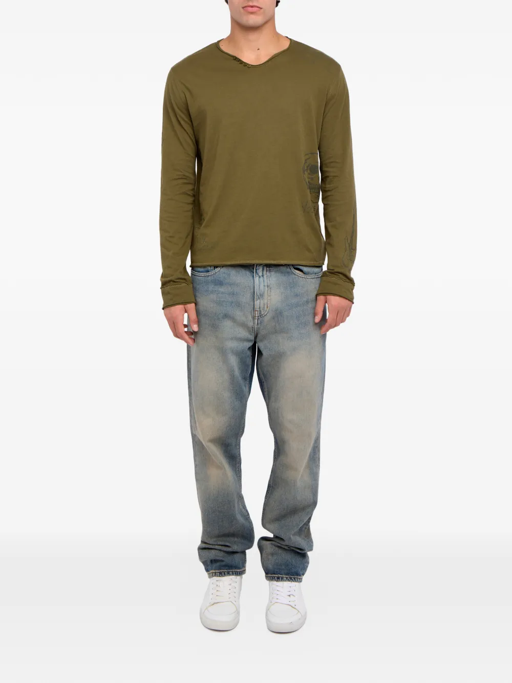 Zadig&Voltaire Monsatir Henley button-detail graphic long-sleeve T-shirt - Groen