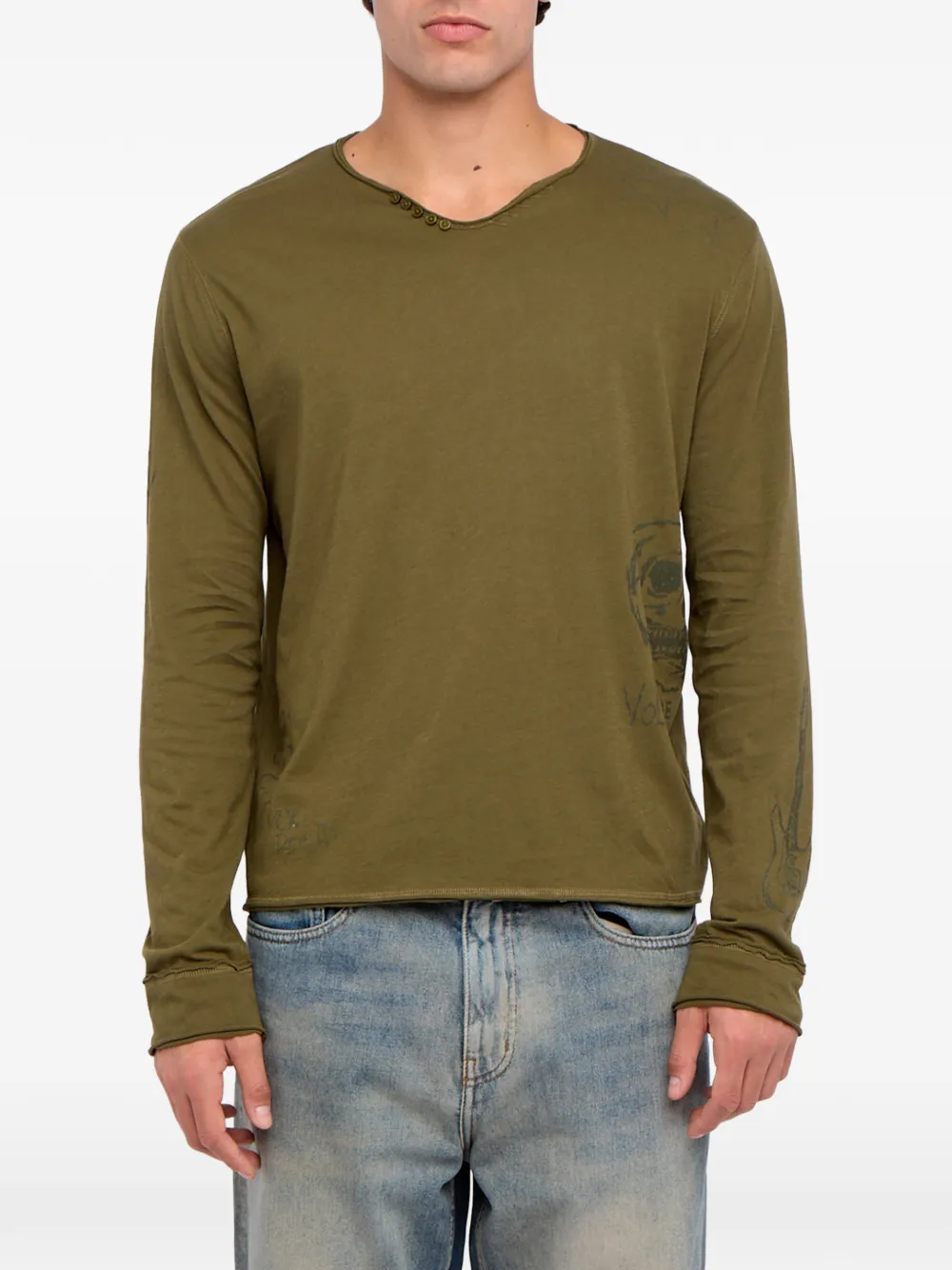 Zadig&Voltaire Monsatir Henley T-shirt met lange mouwen knopen en grafische print Groen