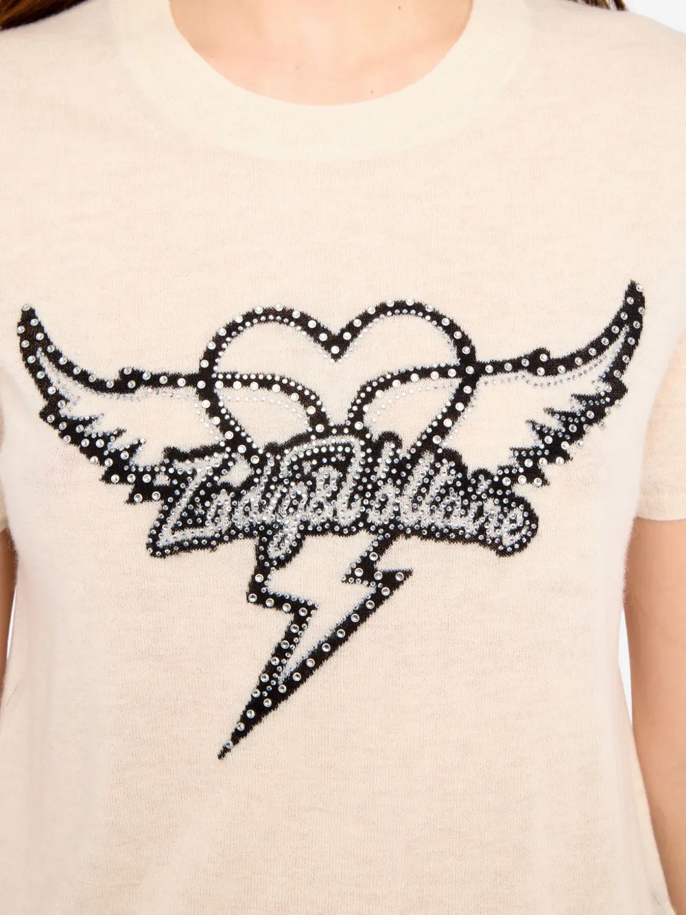 Zadig & Voltaire Idal Aero Heart Crystal Embellished Short Sleeve Cashmere Graphic Sweater In White