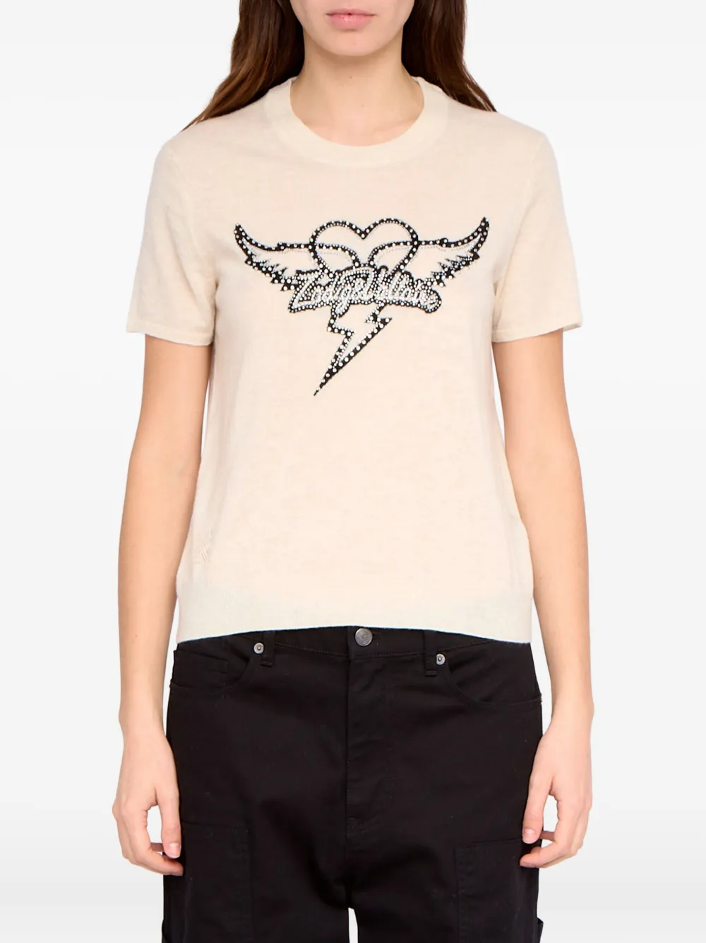 Zadig & Voltaire Idal Aero Heart Crystal Embellished Short Sleeve Cashmere Graphic Sweater In White