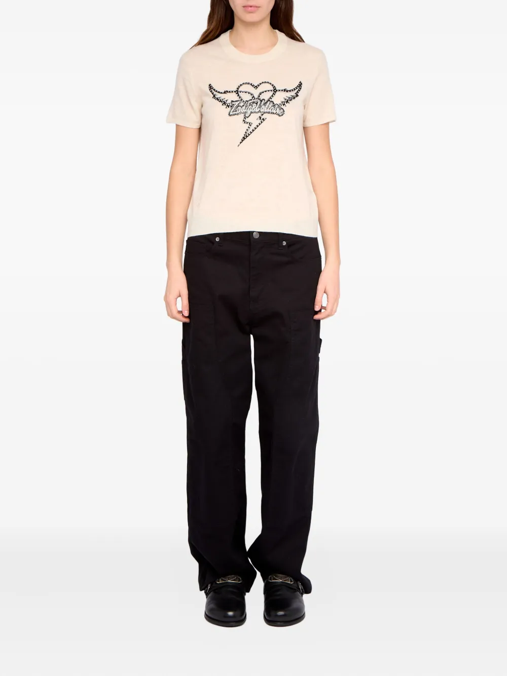 Zadig & Voltaire Idal Aero Heart Crystal Embellished Short Sleeve Cashmere Graphic Sweater In White