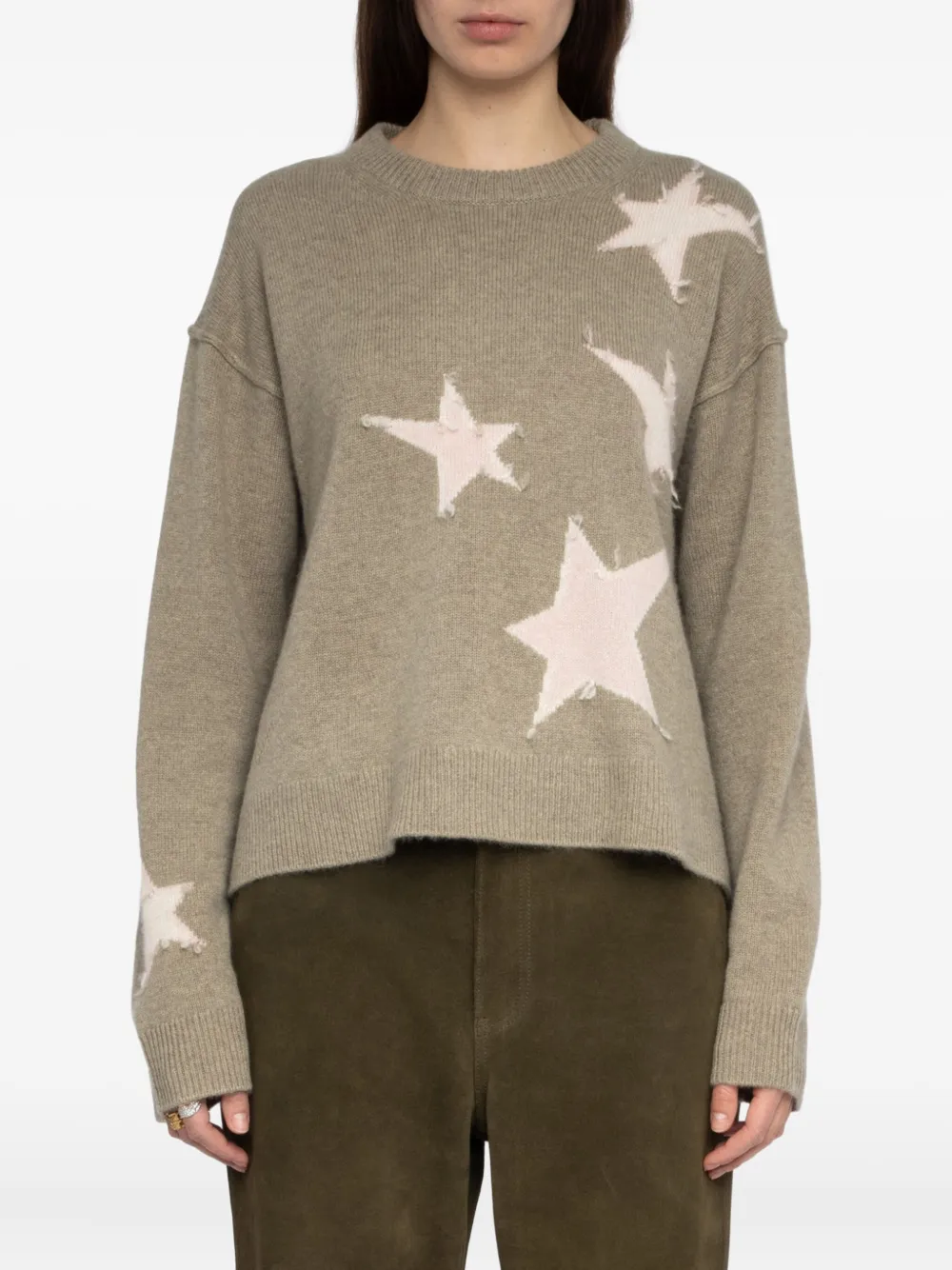 Zadig & Voltaire Markuz Intarsia Star Cashmere Crewneck Sweater In Green