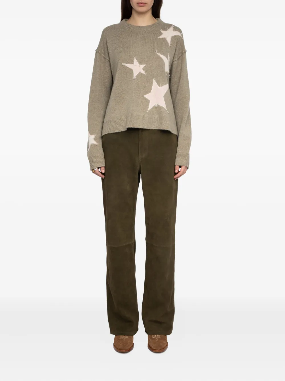 Zadig & Voltaire Markuz Intarsia Star Cashmere Crewneck Sweater In Green
