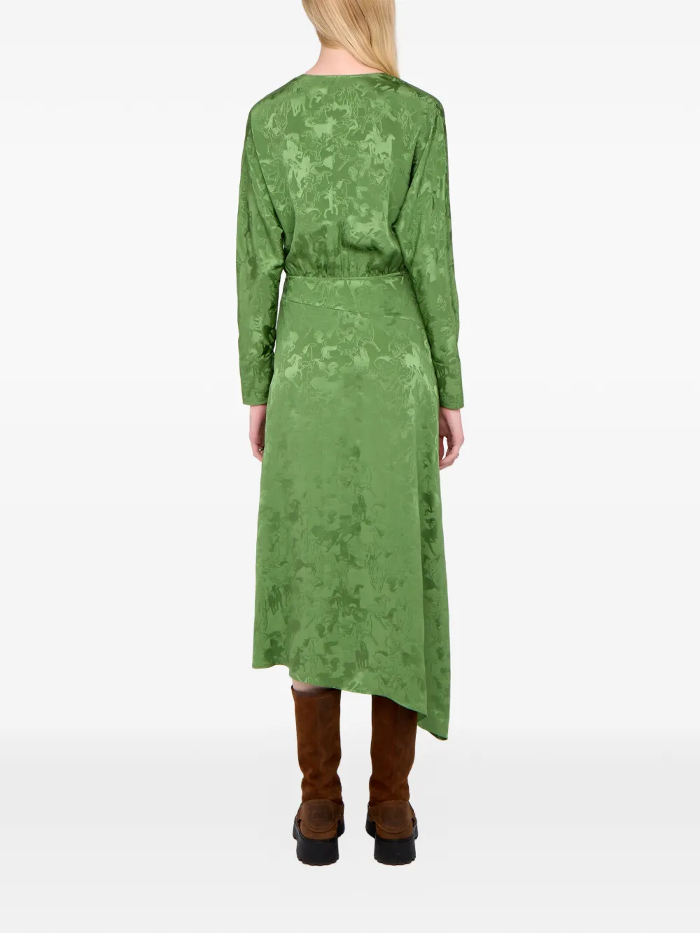 Zadig & Voltaire Rouna Horse Pattern Jacquard Long Sleeve Silk Dress In Green