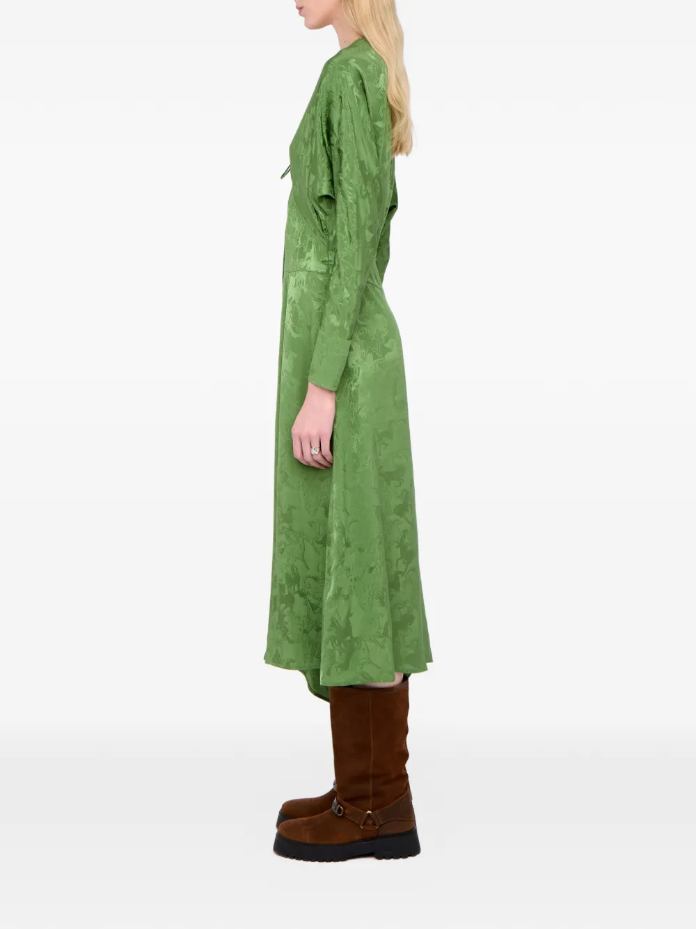 Zadig & Voltaire Rouna Horse Pattern Jacquard Long Sleeve Silk Dress In Green