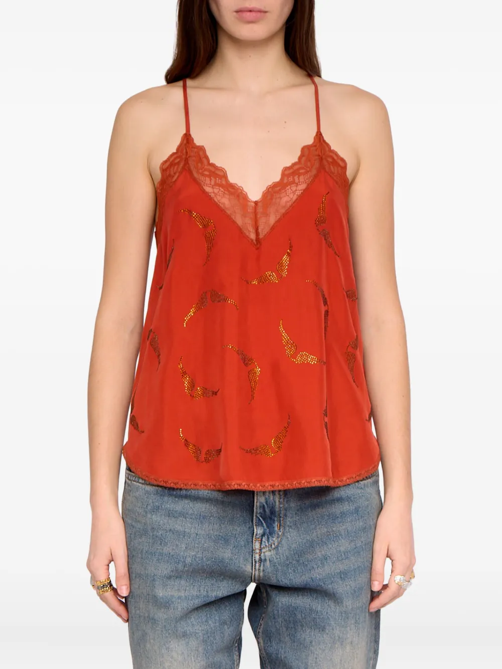Zadig & Voltaire Christy Lace Strass Top In Orange