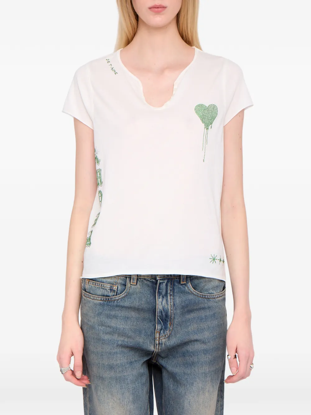 Zadig & Voltaire Tunisien Strass Heart Embellished Keyhole Cotton Graphic T-shirt In White