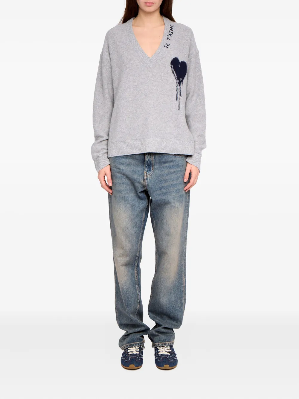 Zadig & Voltaire Mikyz Heart V-neck Sweater In Gray