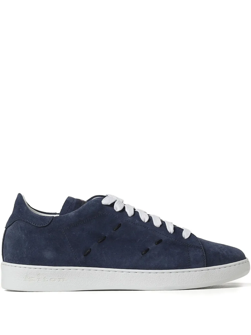 Kiton Perforated Calf Suede Sneakers In Blue