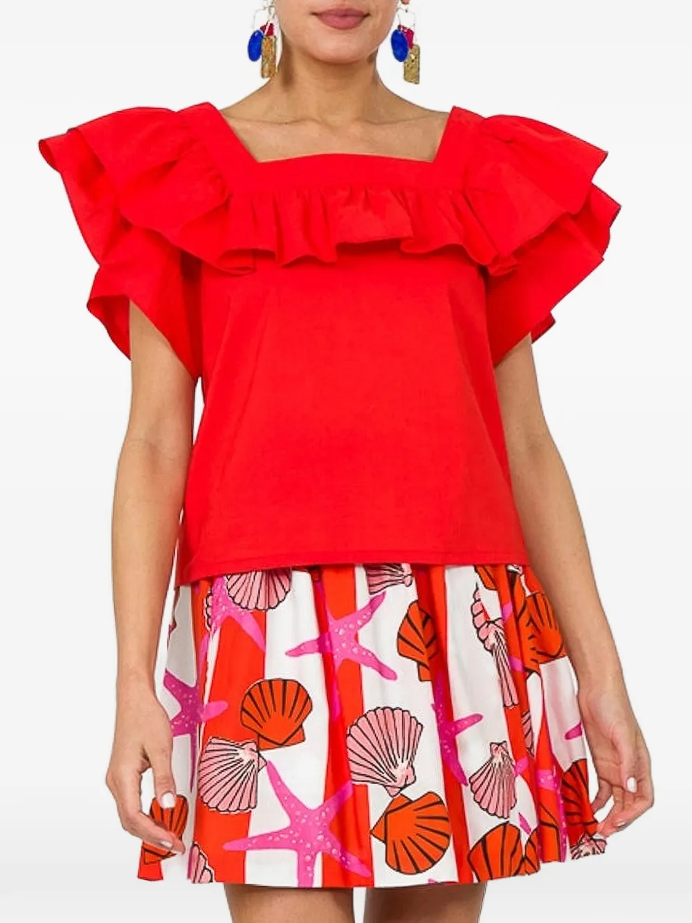 Lhd ruffled square neck blouse - Rosso
