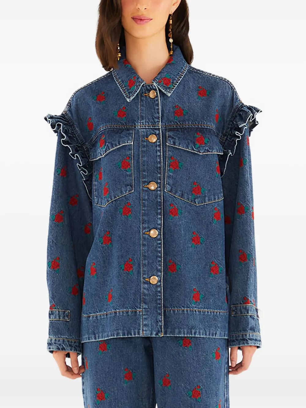 Farm Rio Embroidered Ruffle Denim Jacket In Blue