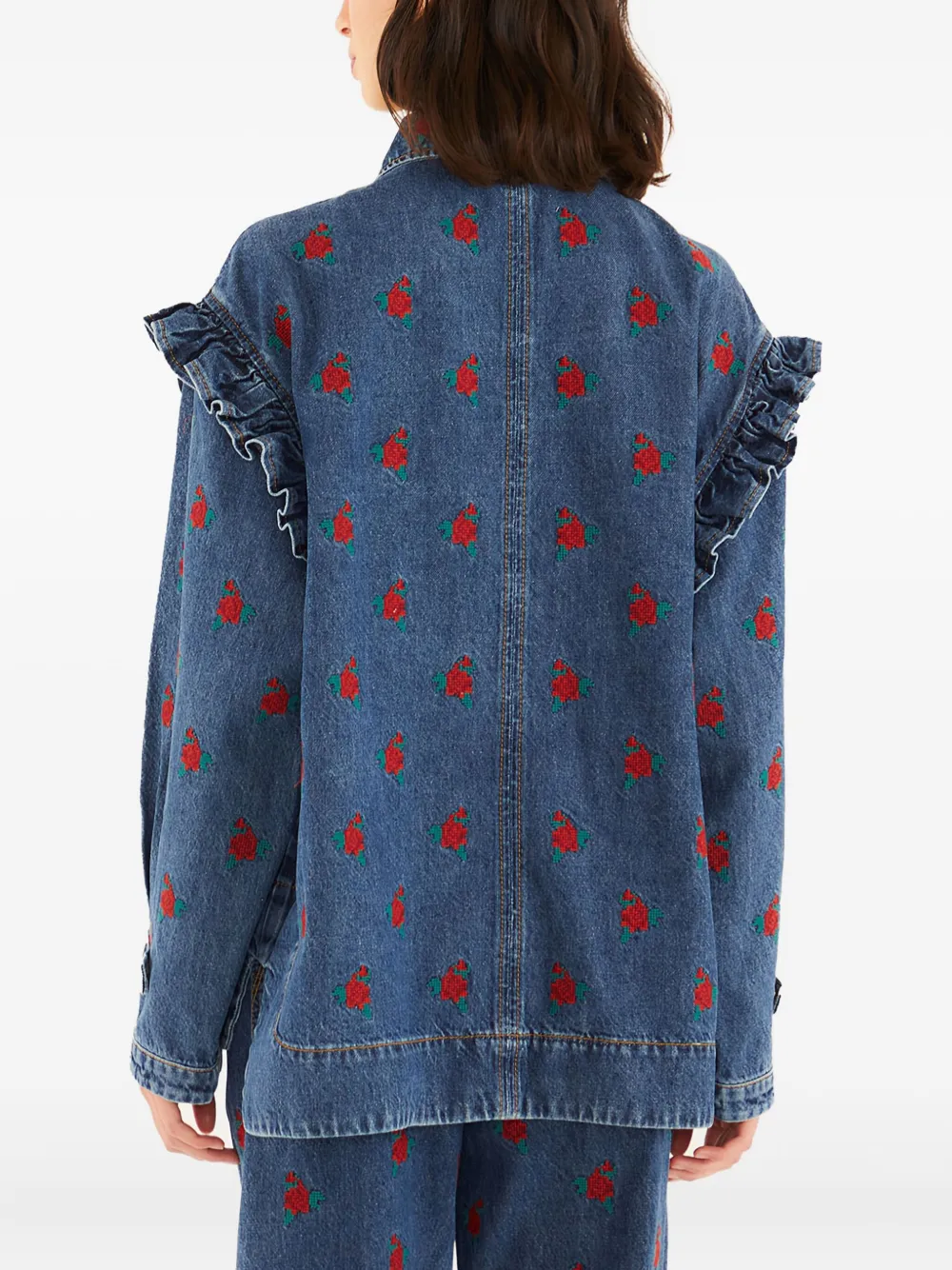 Farm Rio Embroidered Ruffle Denim Jacket In Blue