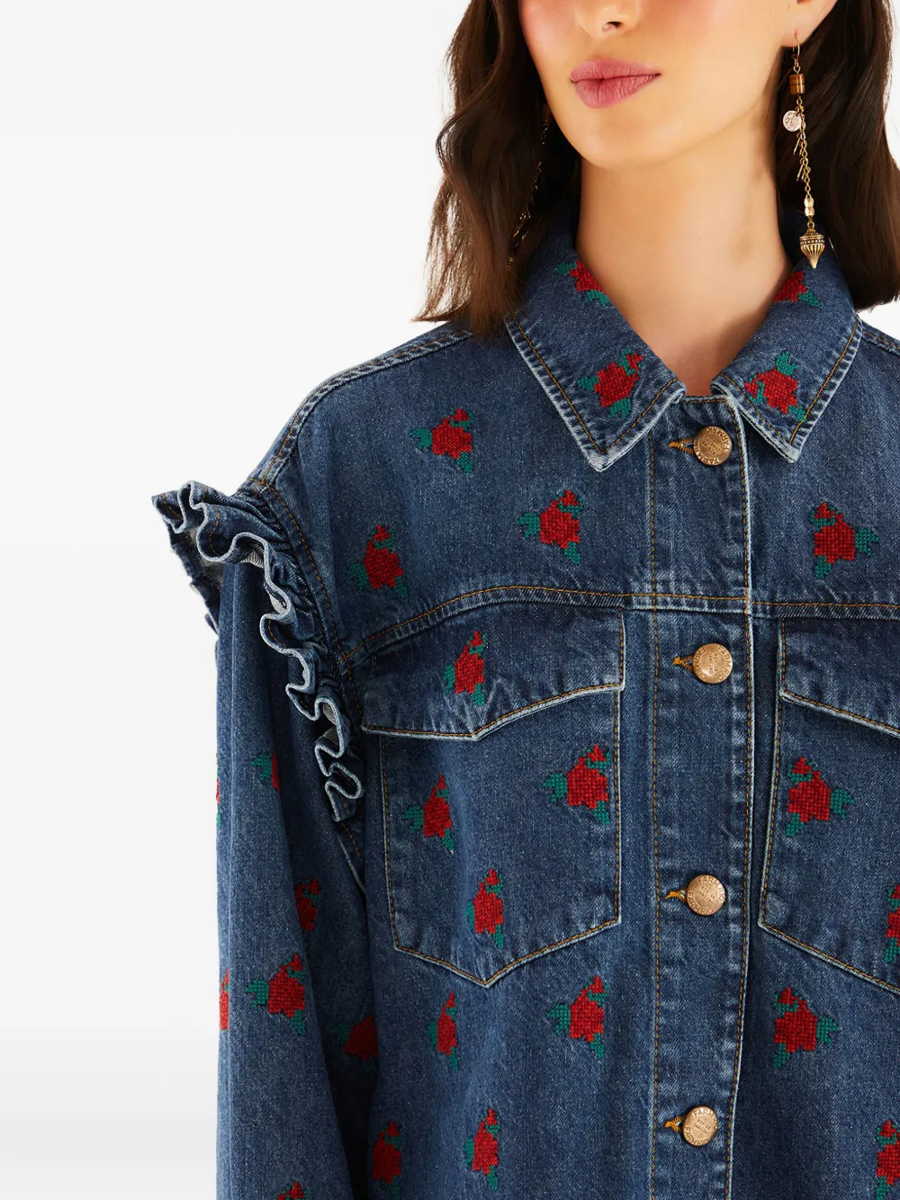 Farm Rio Embroidered Ruffle Denim Jacket In Blue