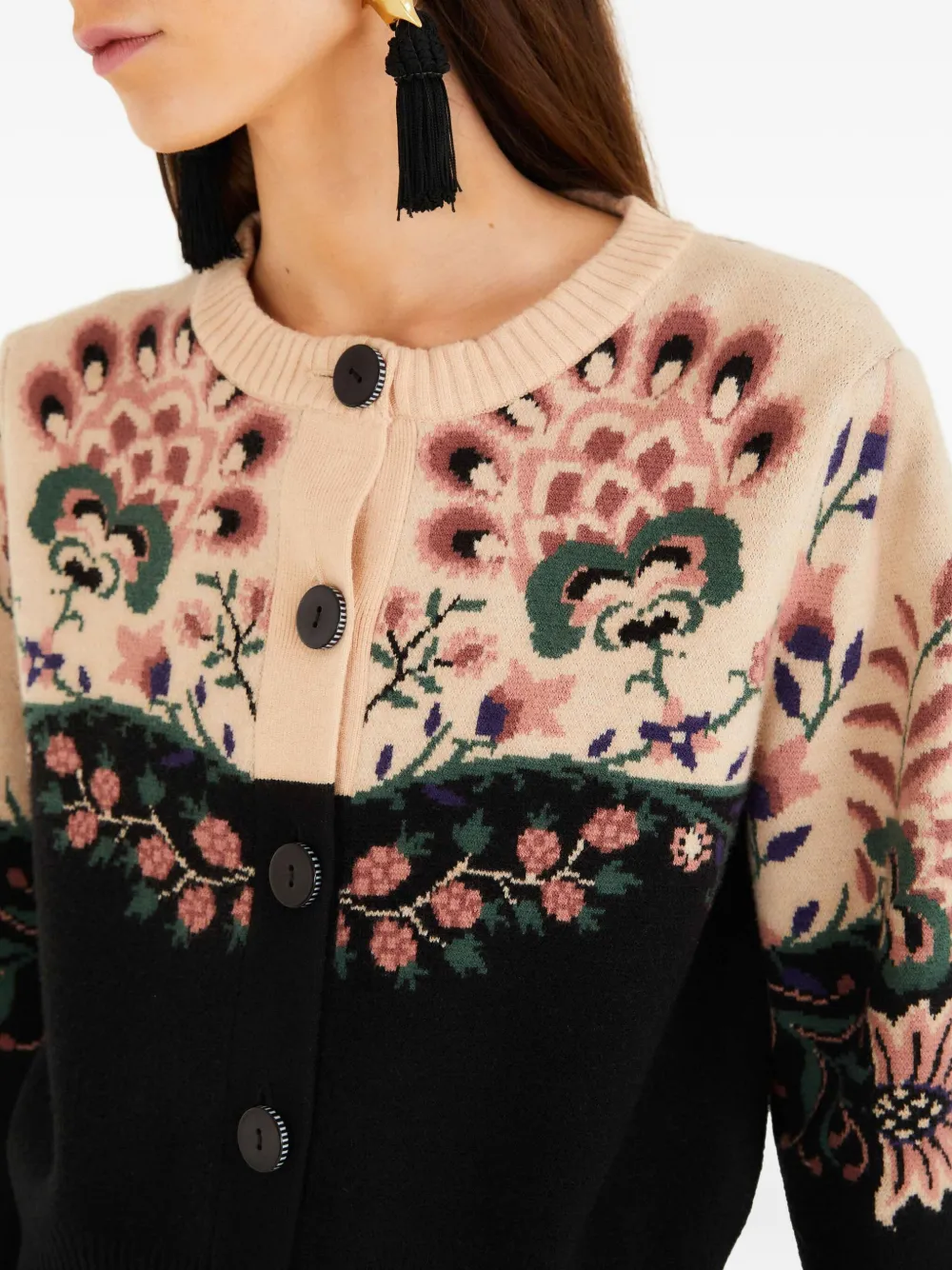 Farm Rio Floral Buttoned Cardigan In Brown