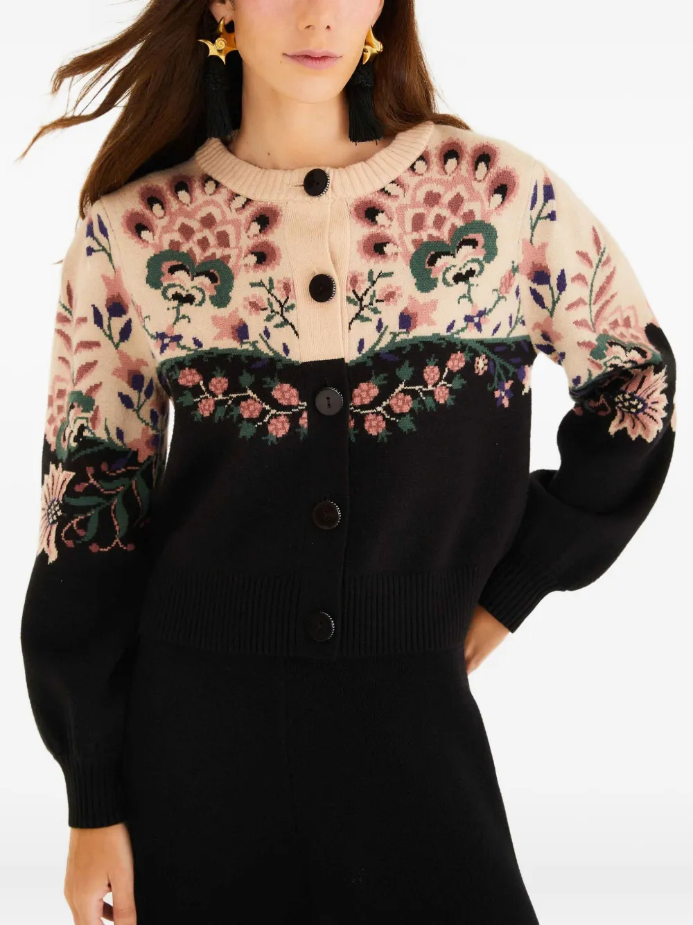 Farm Rio Floral Buttoned Cardigan In Brown