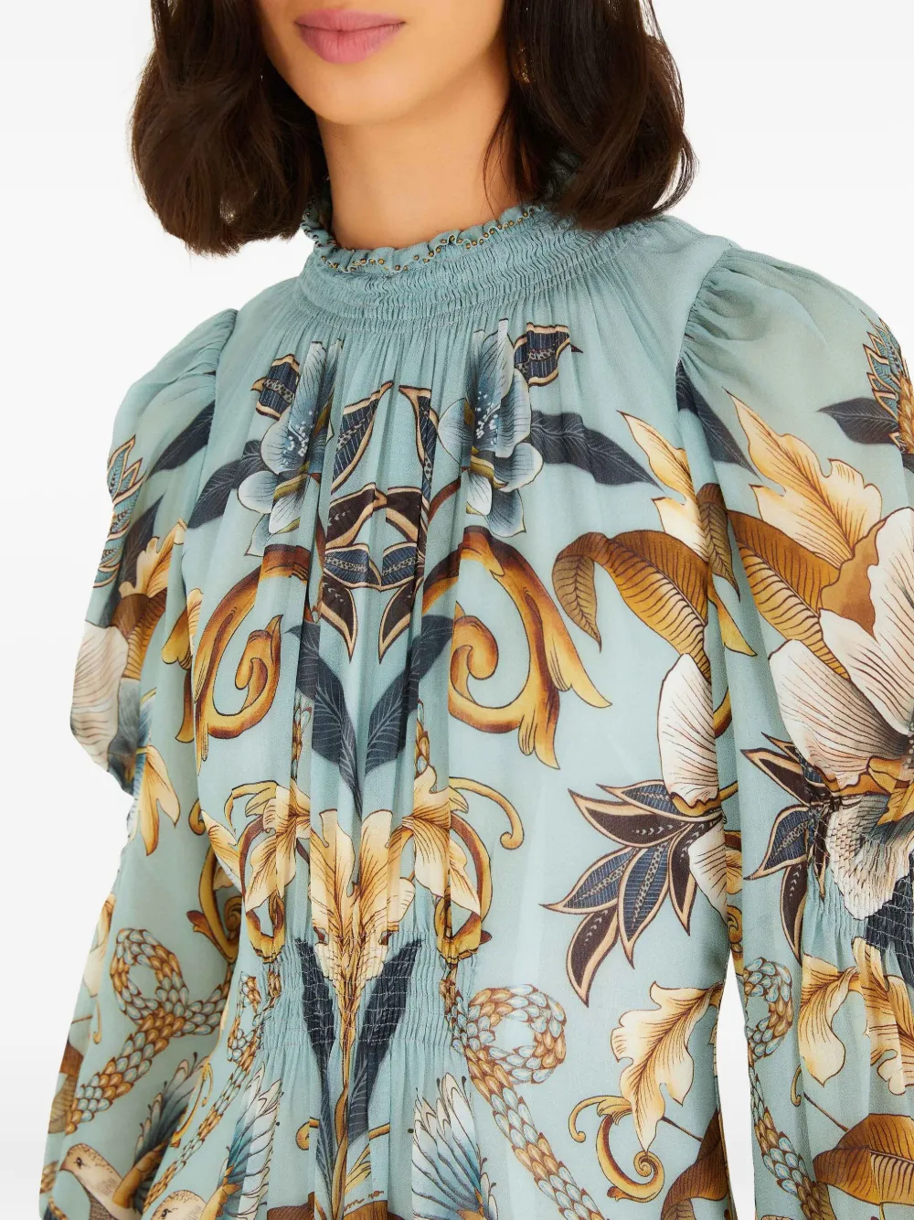 Farm Rio Ruffled Long-sleeve Mini Dress In Gray