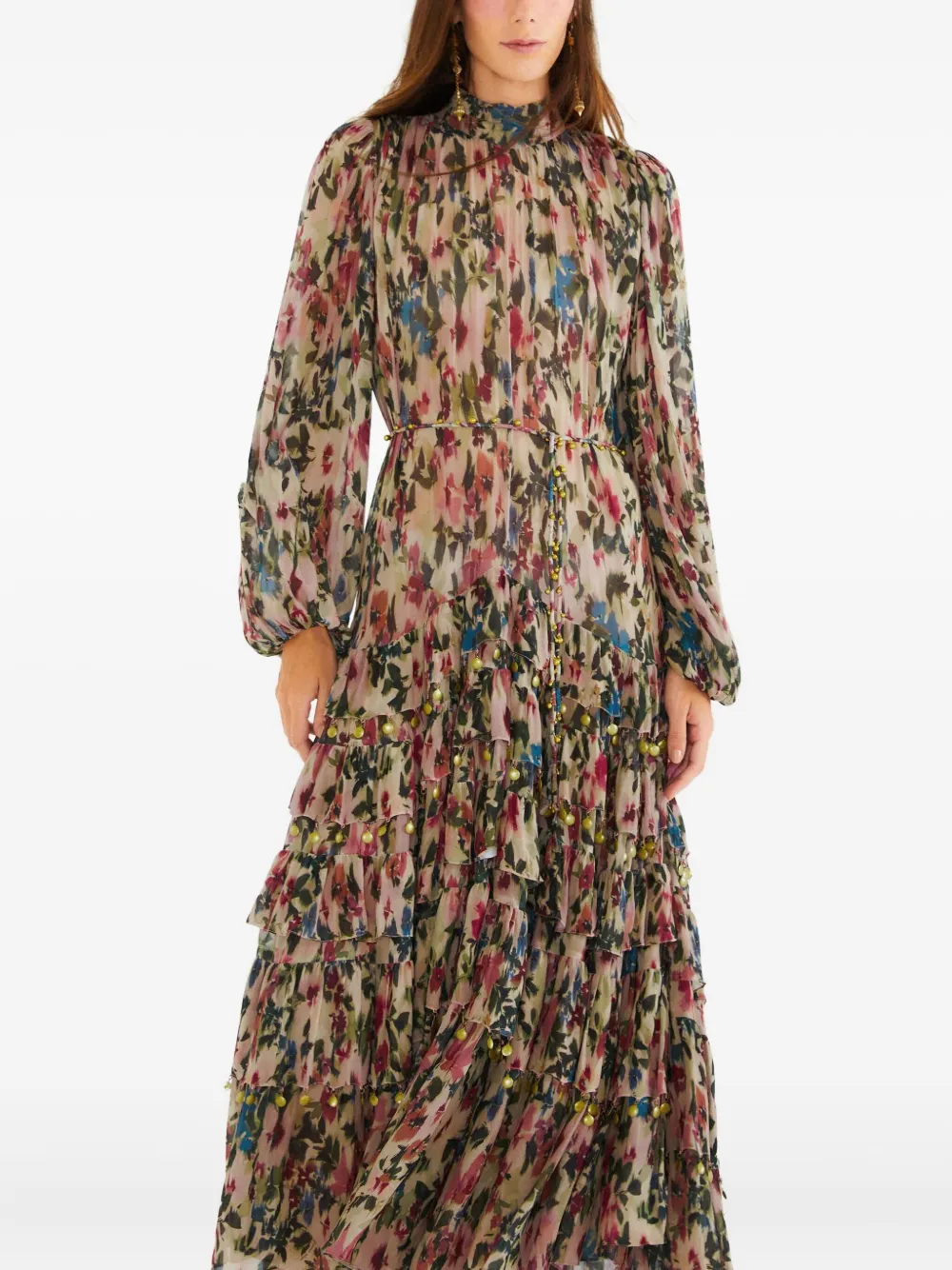 Farm Rio Ruffled Floral Maxi Dress In Neutral