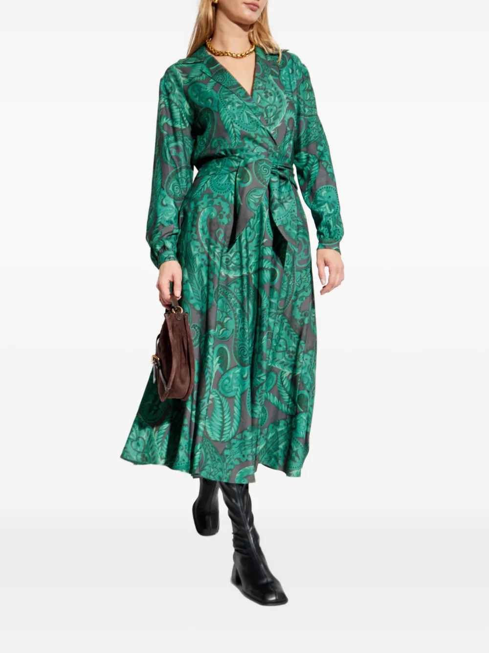 Etro Paisley-print Tie-waist Midi Day Dress In Green
