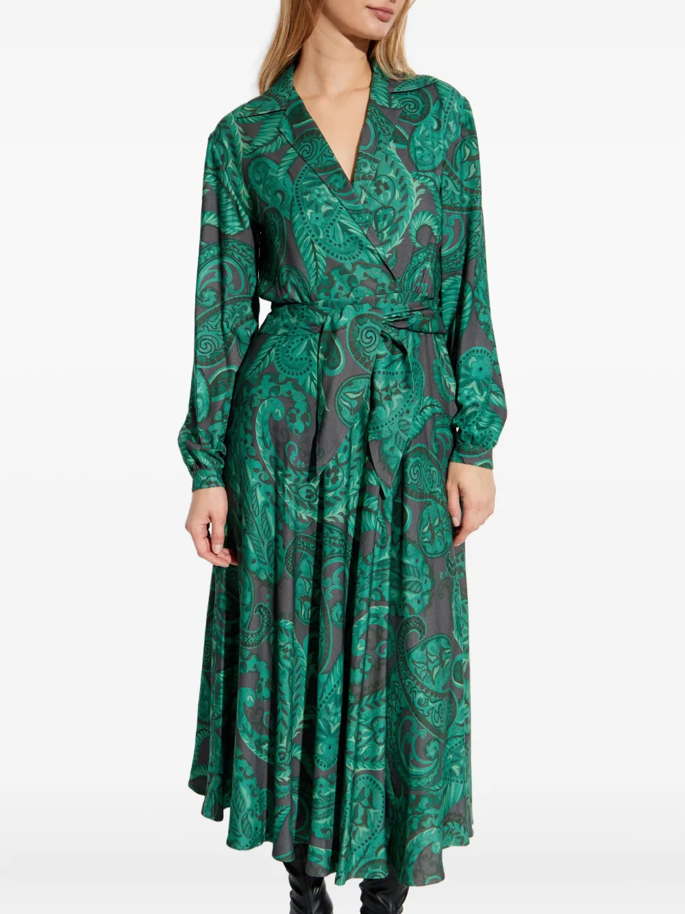 Etro Paisley-print Tie-waist Midi Day Dress In Green