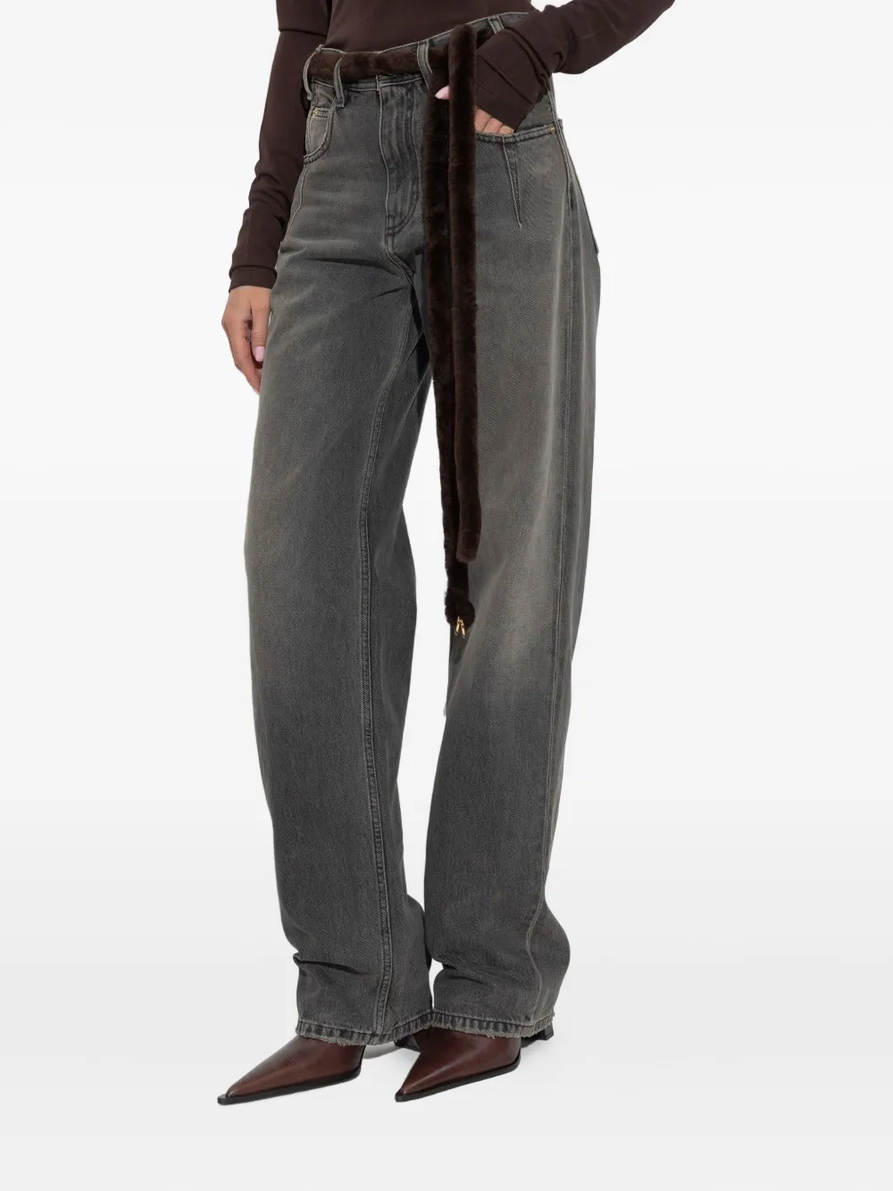 Darkpark Straight Leg Denim Fur Belt In Gray