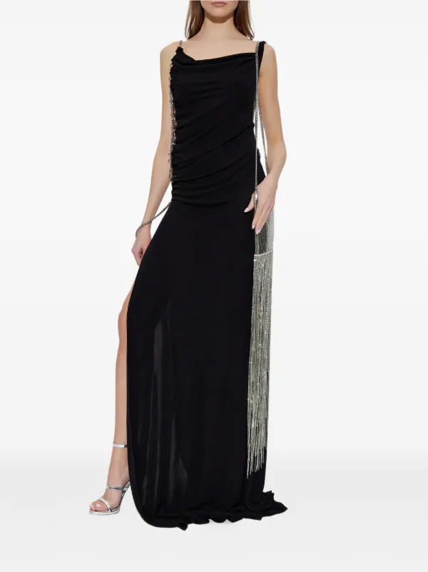 chain black dress Lisandra - Black, AU/UK 14 Softly fitted top with sweetheart neckline Gold cameo front accent and draped pearl chains Midi silhouette with flared hem Adjustable pearl straps and smooth zipper back Perfect for elegant occasions and formal events Sexy Black Dress - Chain