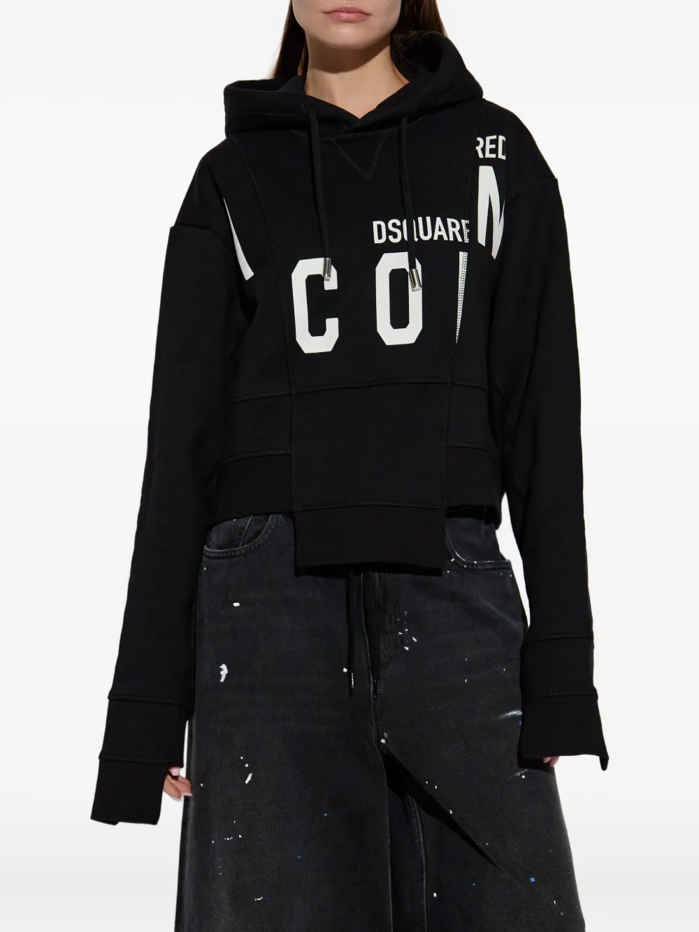 Dsquared2 Asymmetric Hem Cropped Hoodie Drawstring In Black