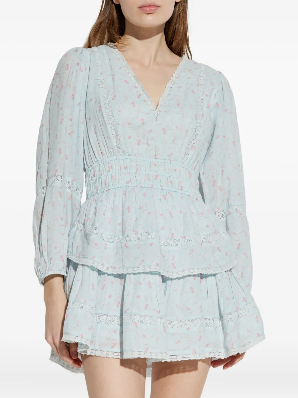 LoveShackFancy Gelaagde midi-jurk met kant Blauw