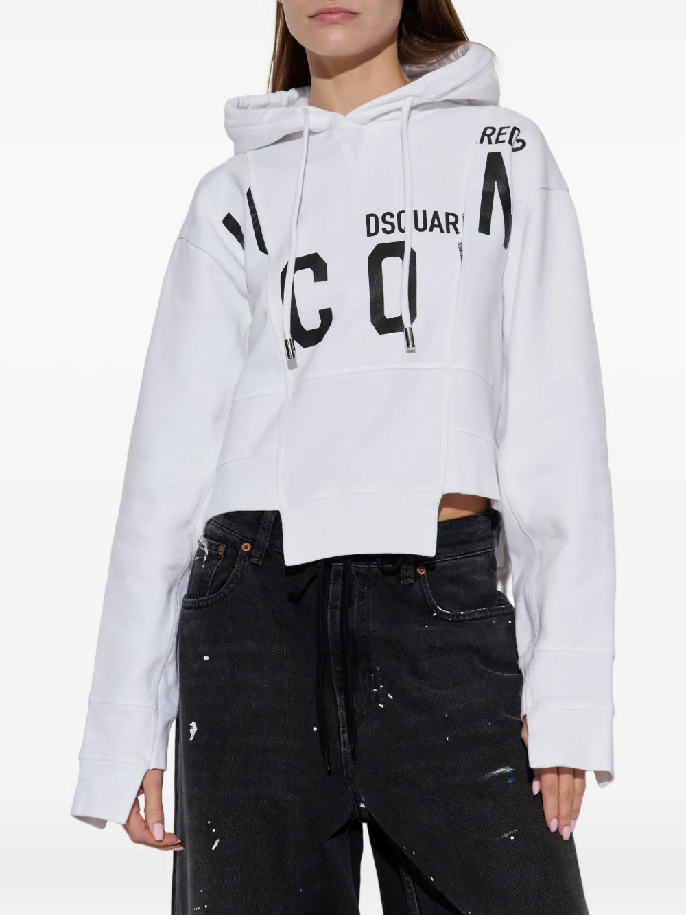 Dsquared2 Asymmetric Hem Cropped Hoodie Drawstring In White