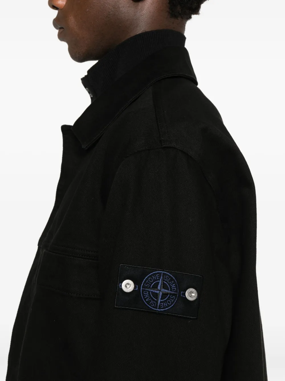 Stone Island Collared Denim Jacket Featuring Front Pockets In Black