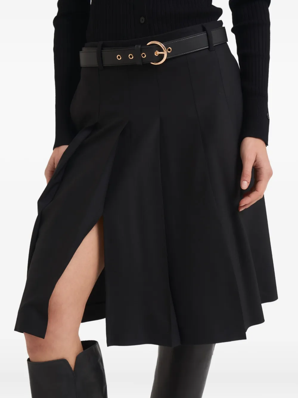 Max Mara Belted Pleated Midi Skirt In Black