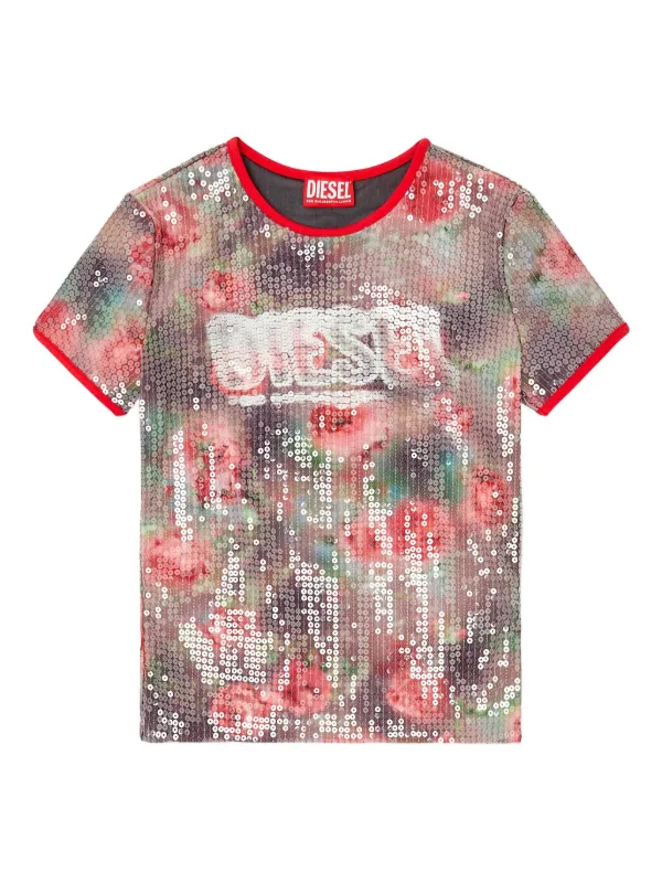 Diesel T-UNKYEL スパンコール フローラル Tシャツ | ブラウン
