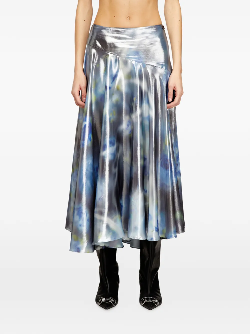  Diesel Asymmetric-panel Rose-motif Skirt - Silver 