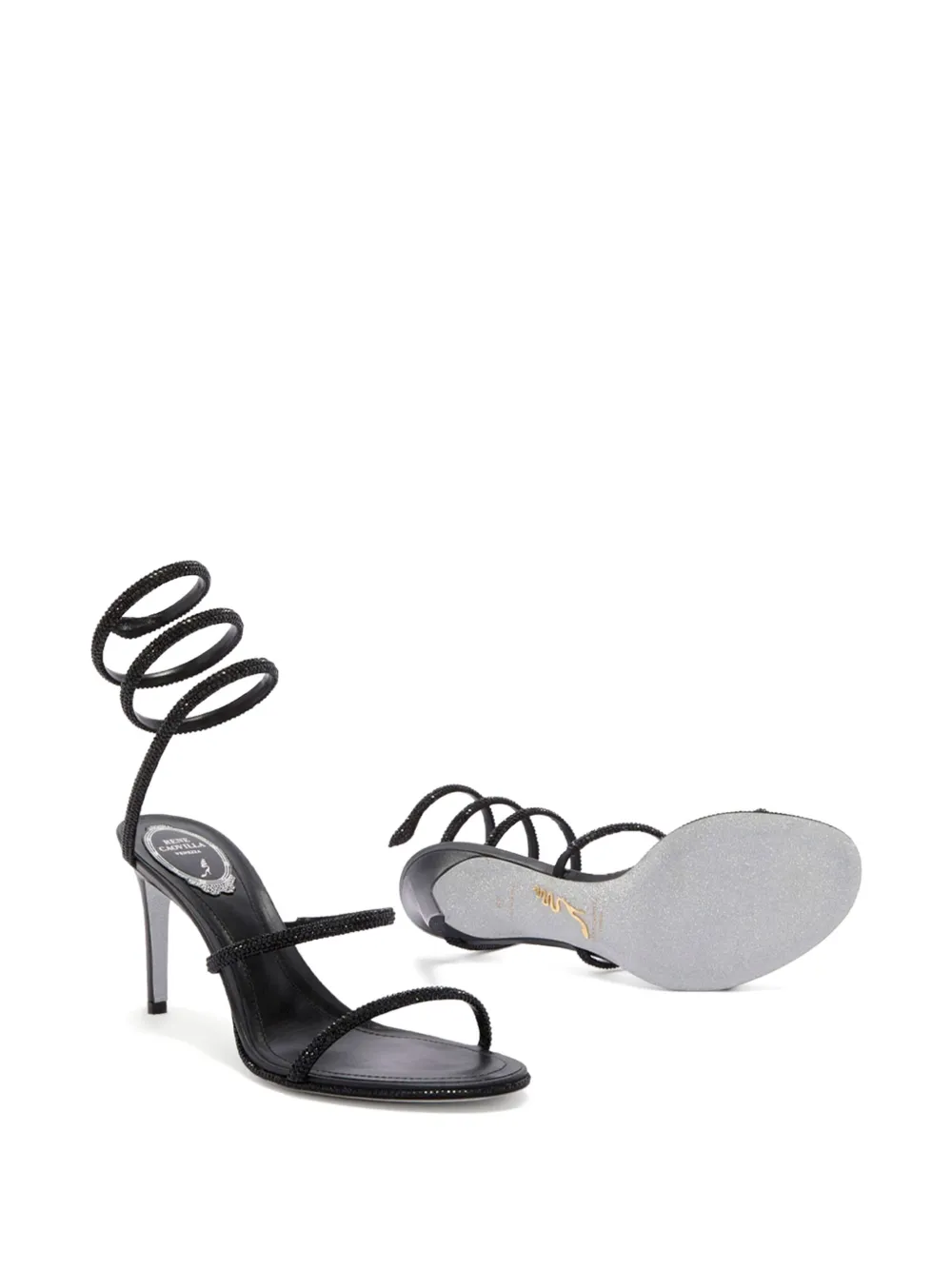 René Caovilla 80 mm Cleo sandalen met spiraalvormig bandje en stras Zwart