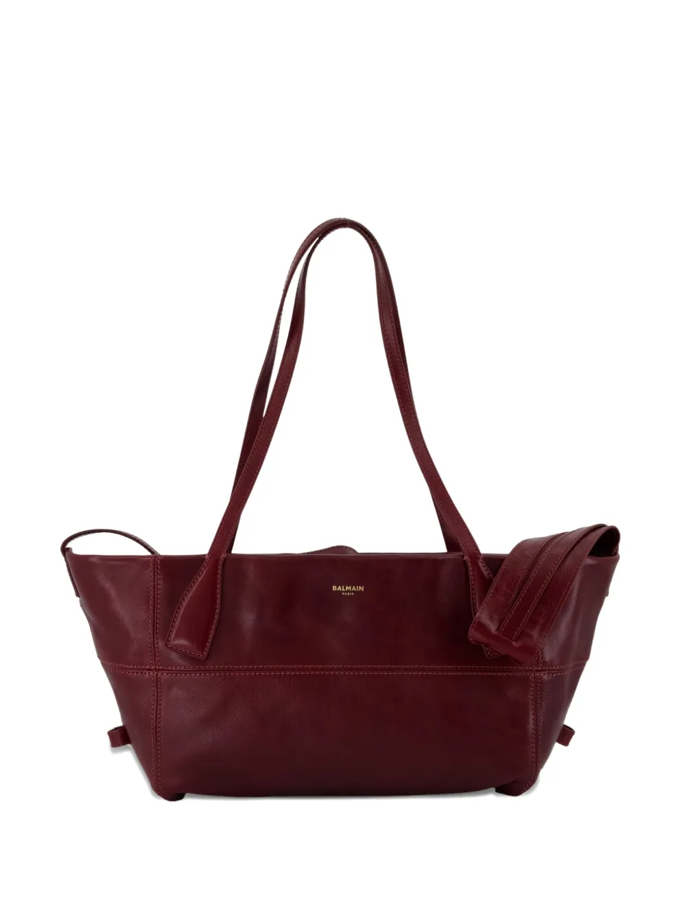 Balmain Track Zip Small Glossed Leather Tote Bag In Burgundy