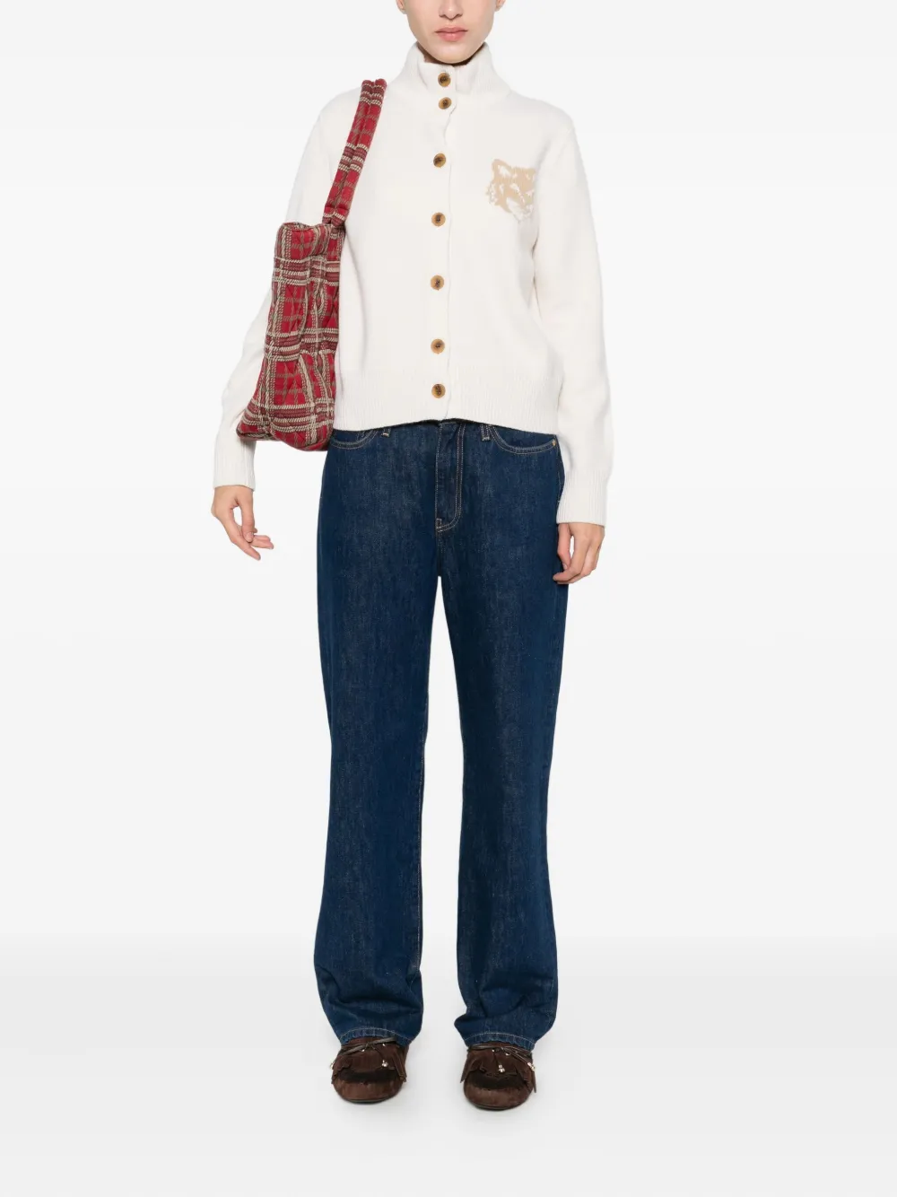 Maison Kitsuné Fox Head Intarsia Merino High Neck Cardigan Knitwear Beige In White