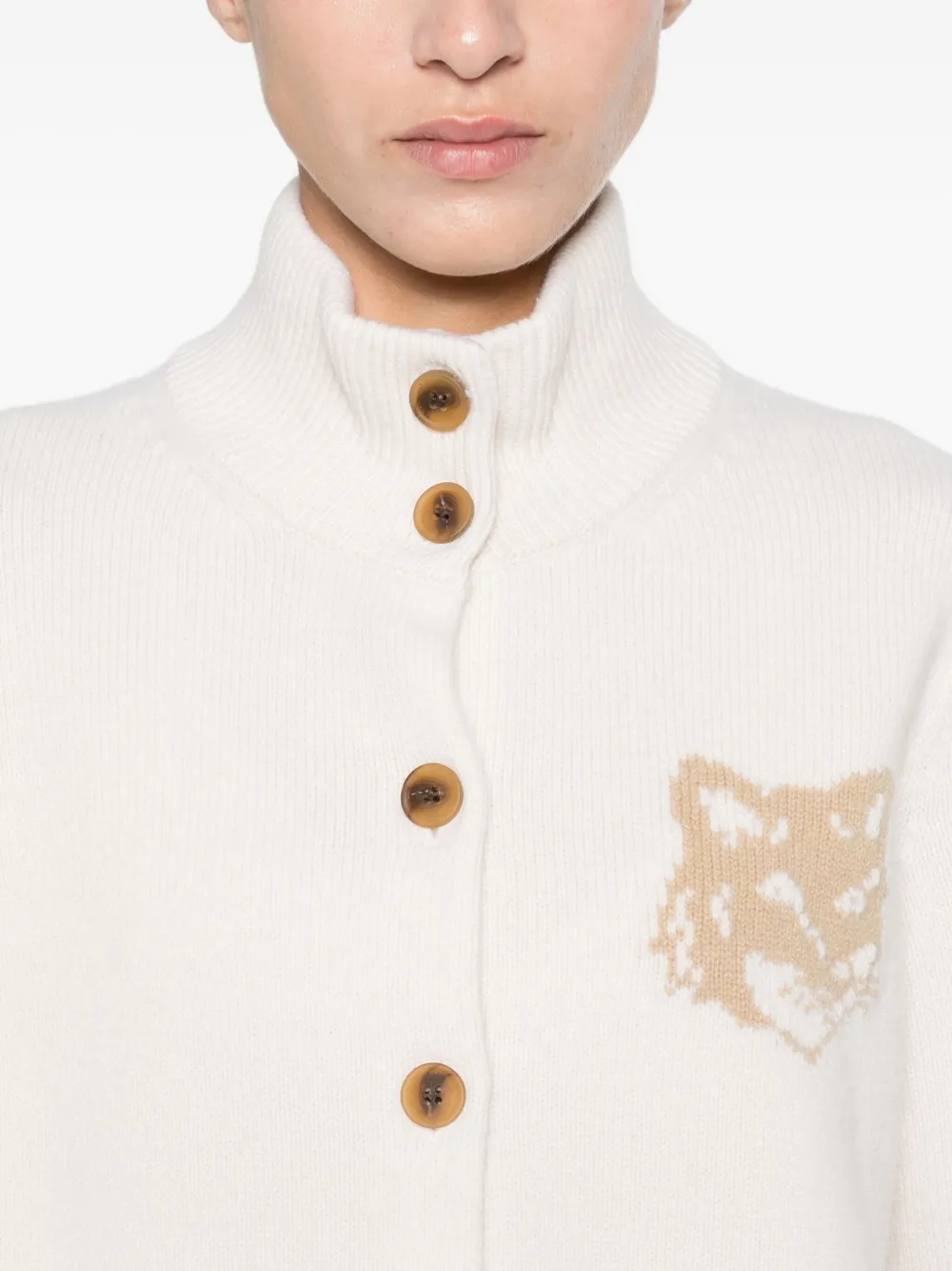 Maison Kitsuné Fox Head Intarsia Merino High Neck Cardigan Knitwear Beige In White