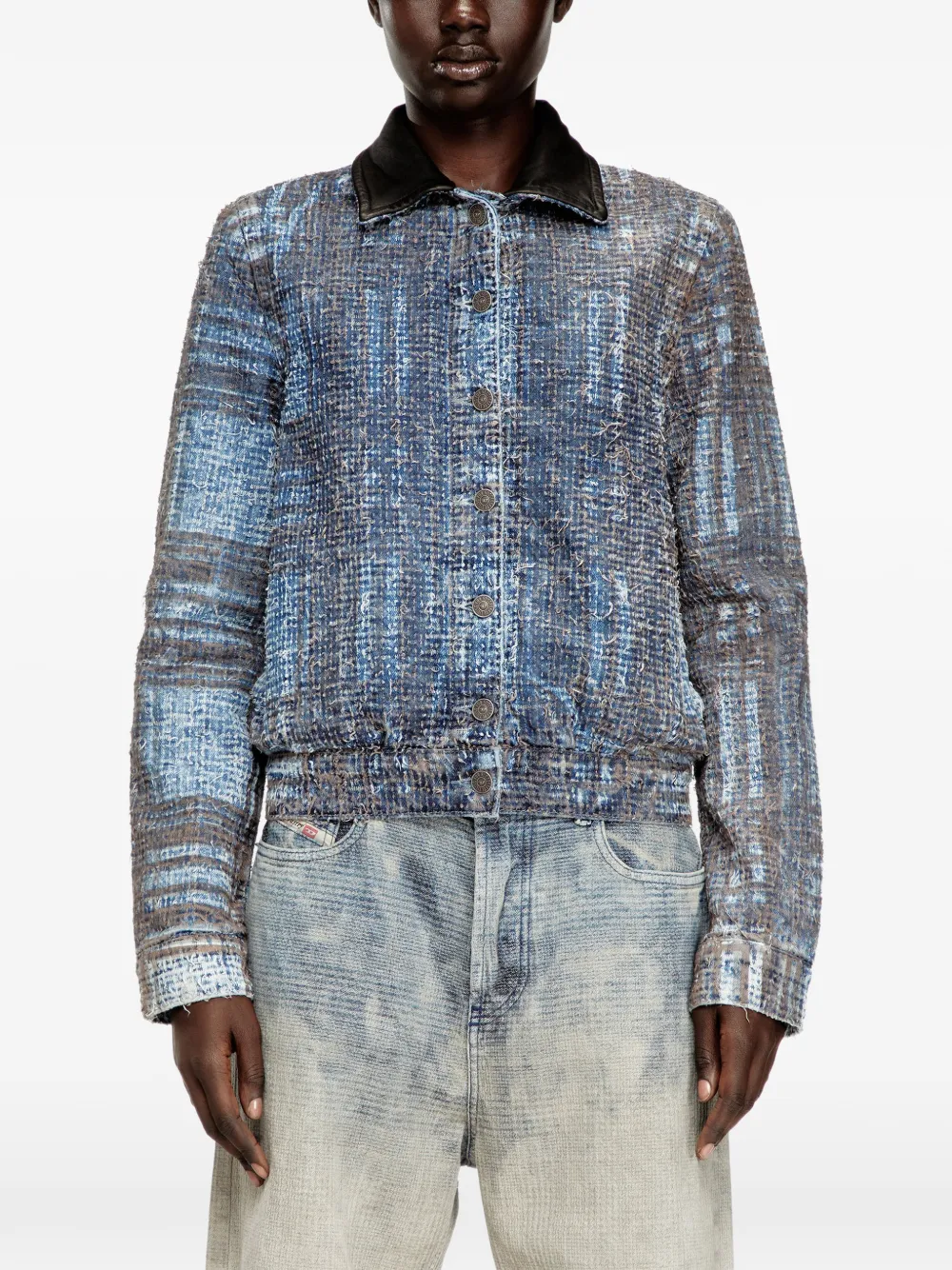 Diesel De-Ateli Prince of Wales leren jack met kraag Blauw