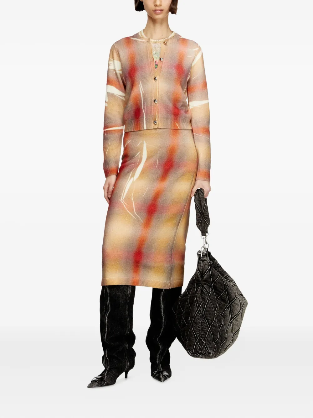 Diesel M-chloty Silver Button Check Cardigan In Multi