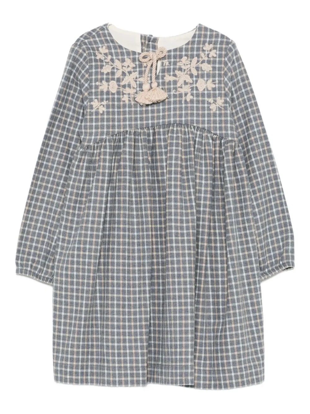 LARANJINHA floral-embroidered checked dress | Blue | Image 1