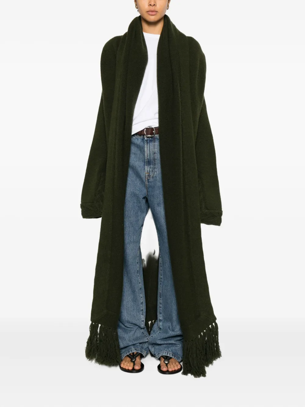 Pre-owned Gianfranco Ferre 1990s Braided Fringed Coat In Green