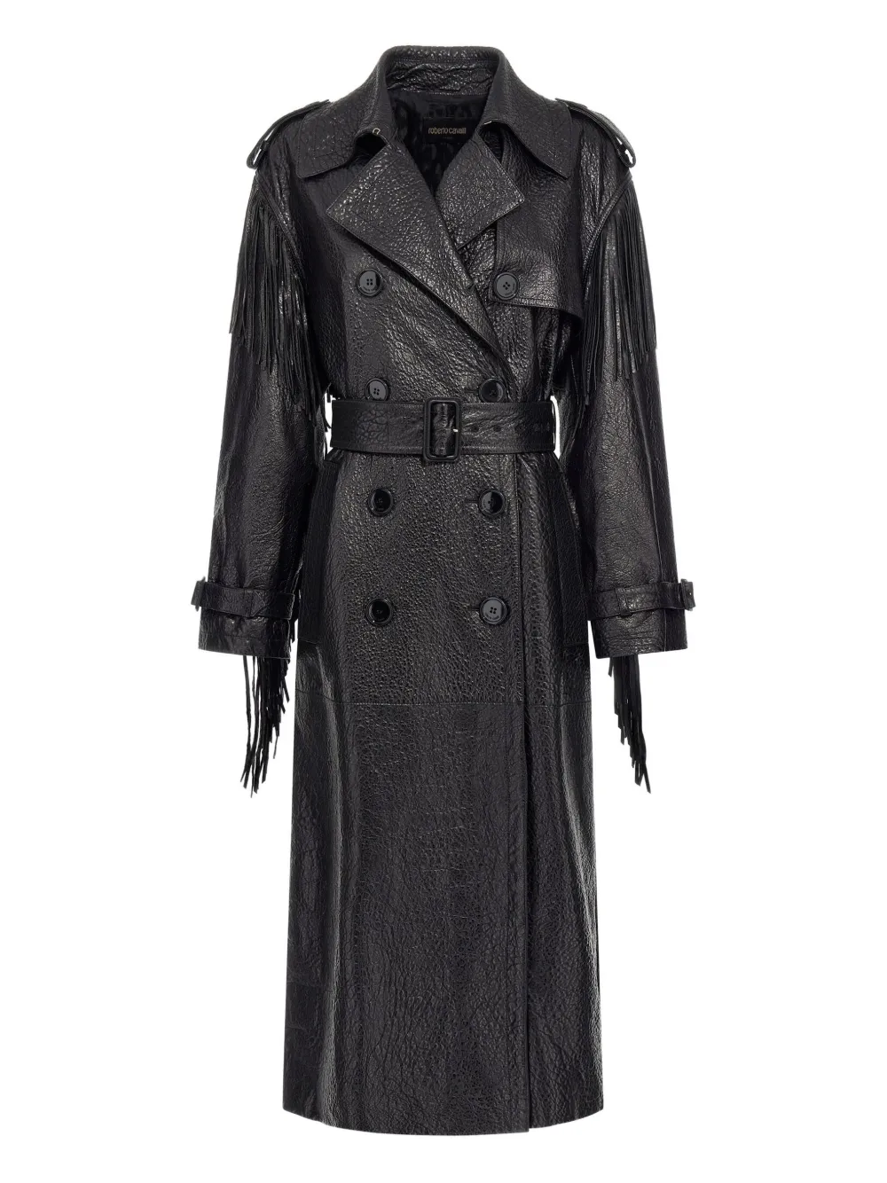 Roberto Cavalli fringed leather trench coat – Black
