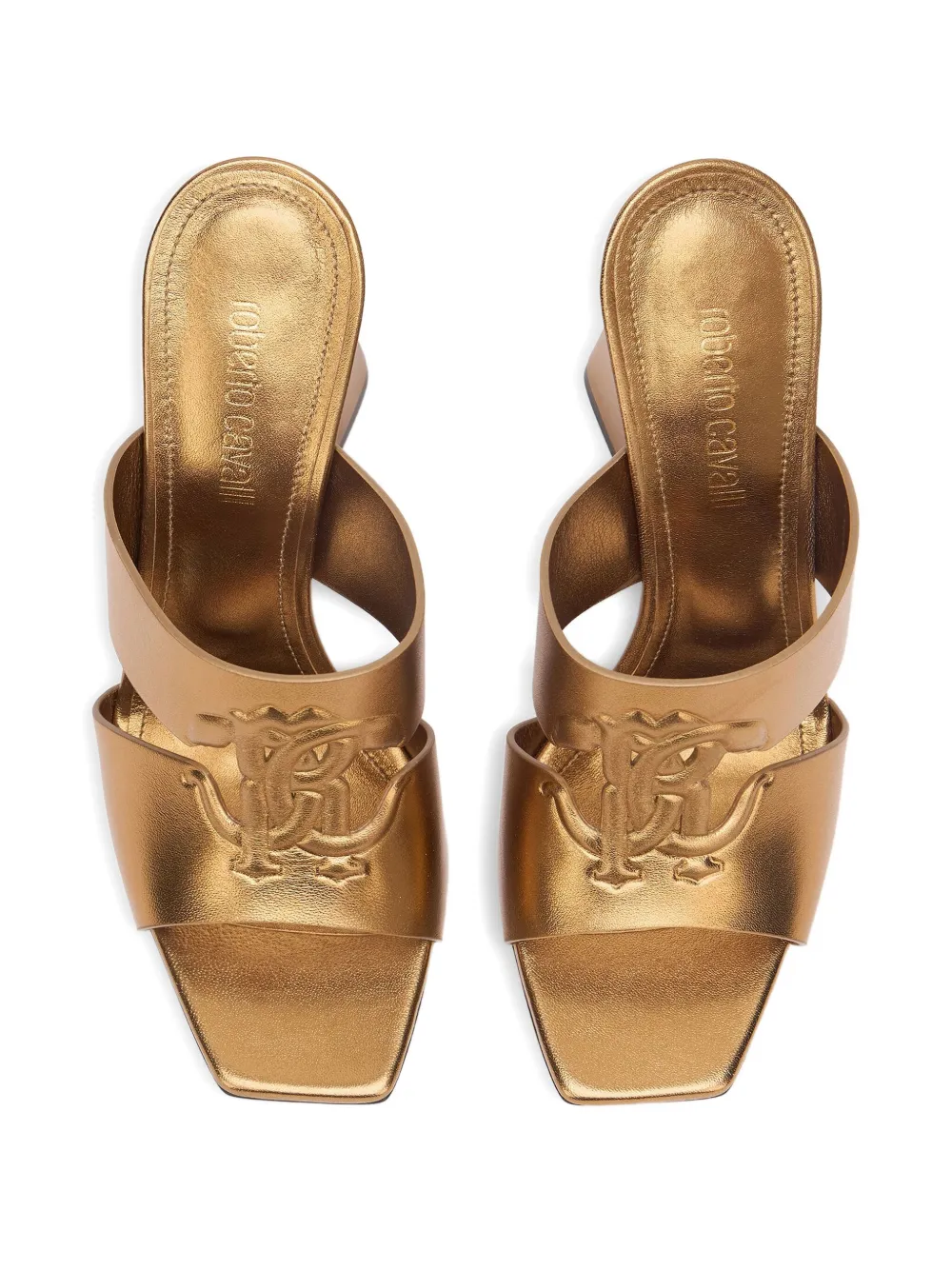 Roberto Cavalli Embossed Heeled Mules In Gold