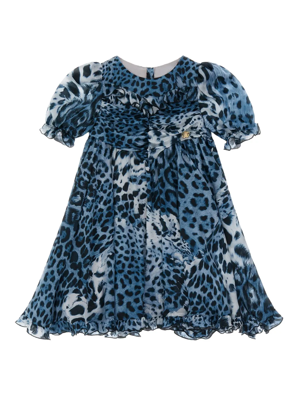 Roberto Cavalli Junior Jurk met luipaardprint en ruches Blauw